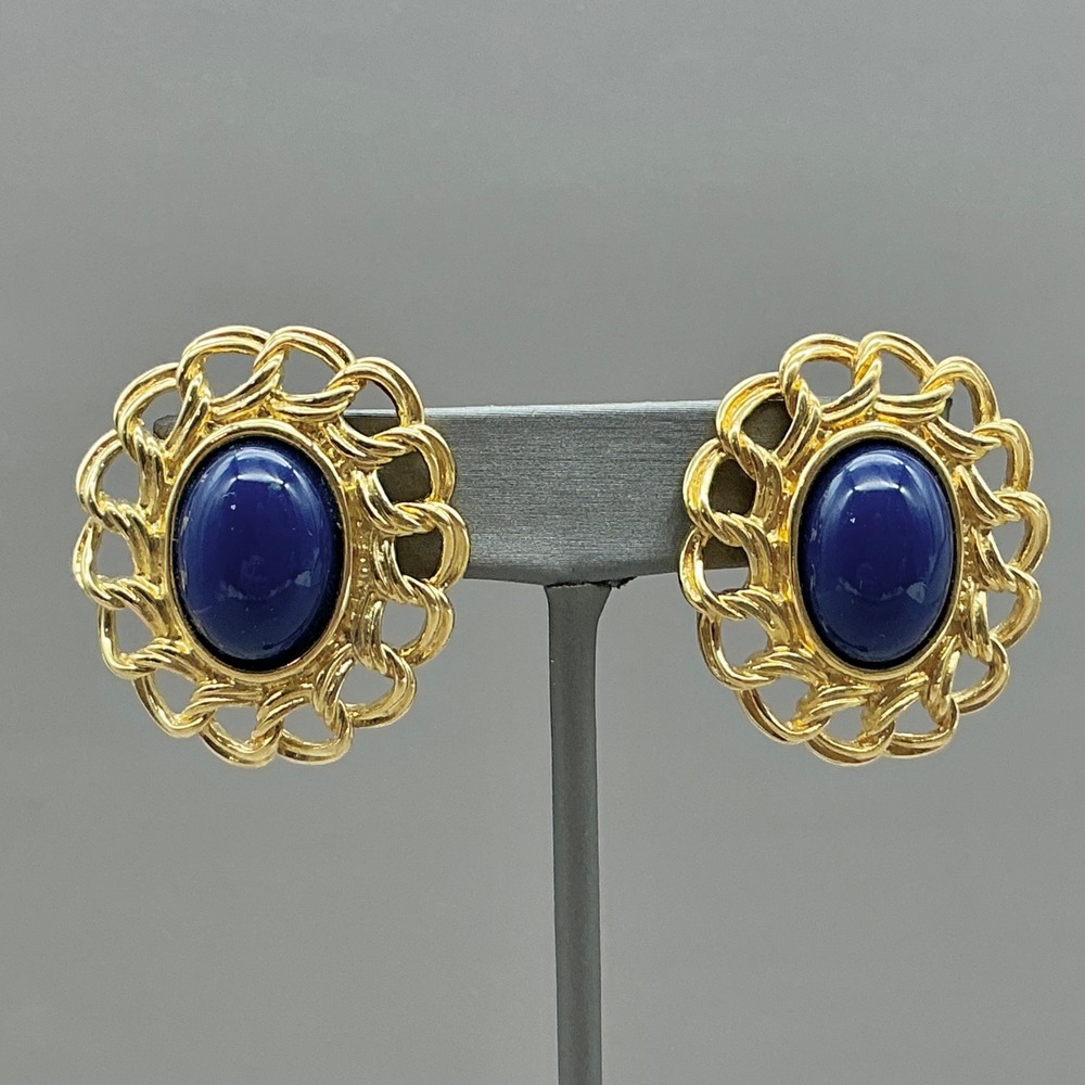 Trifari Earrings Womens Gold Tone‎ Blue Cabochon Chain Link Vintage Clip On